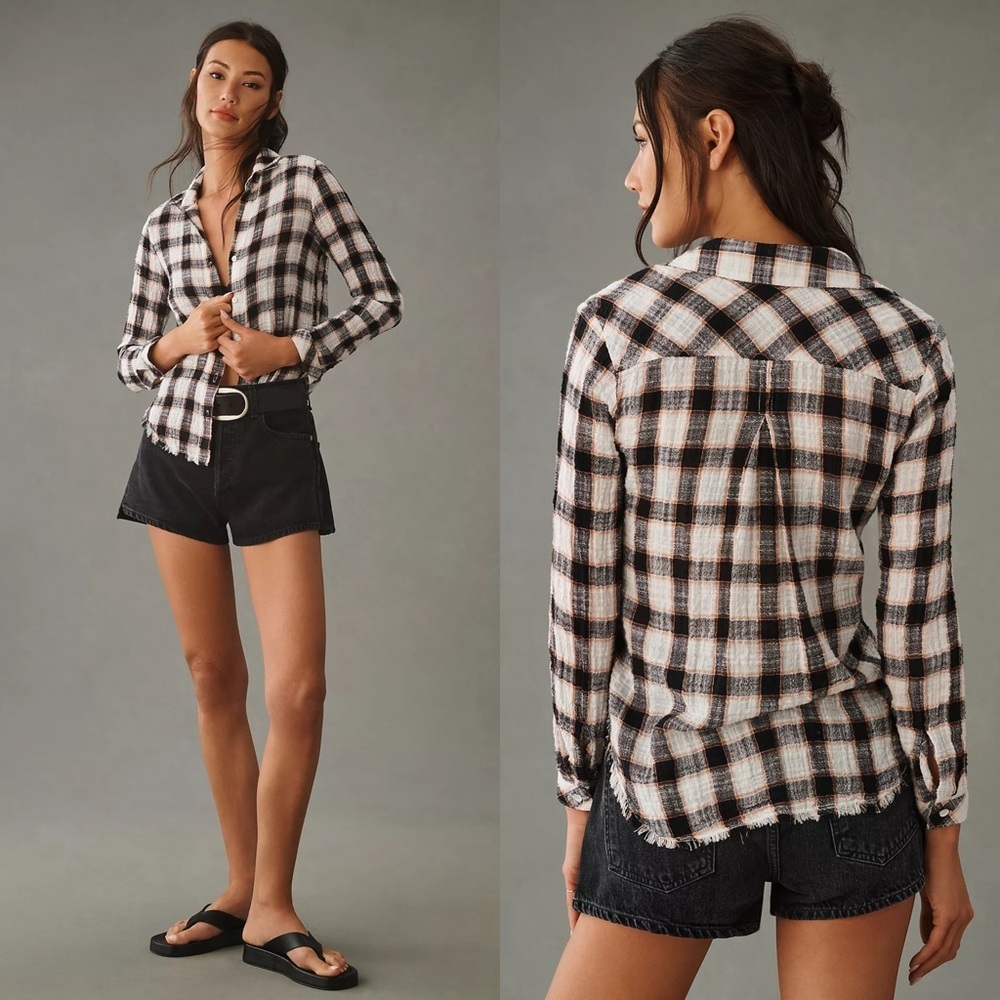 Bella Dahl Frayed Plaid Button Down Blouse Size XS Granola Girl Cabincore Fall